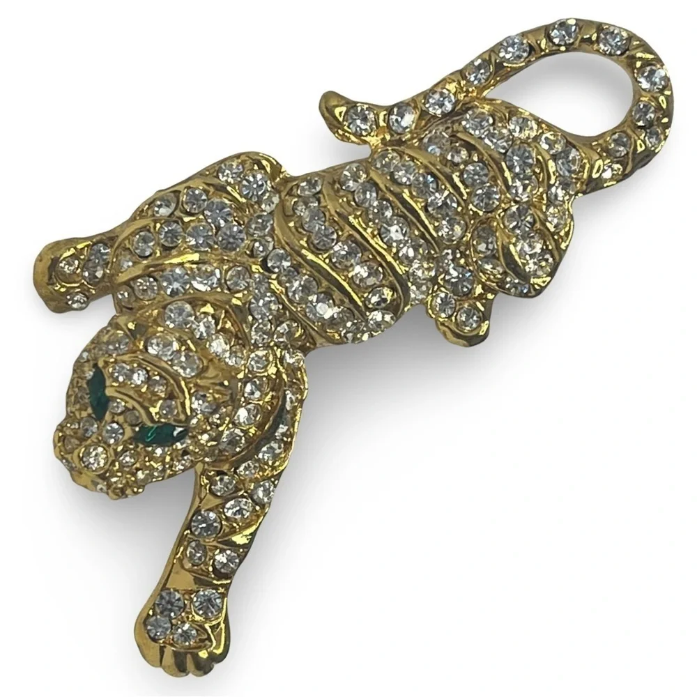 Gold Crystal Tiger Brooch Emerald Eyes Statement Brooch
